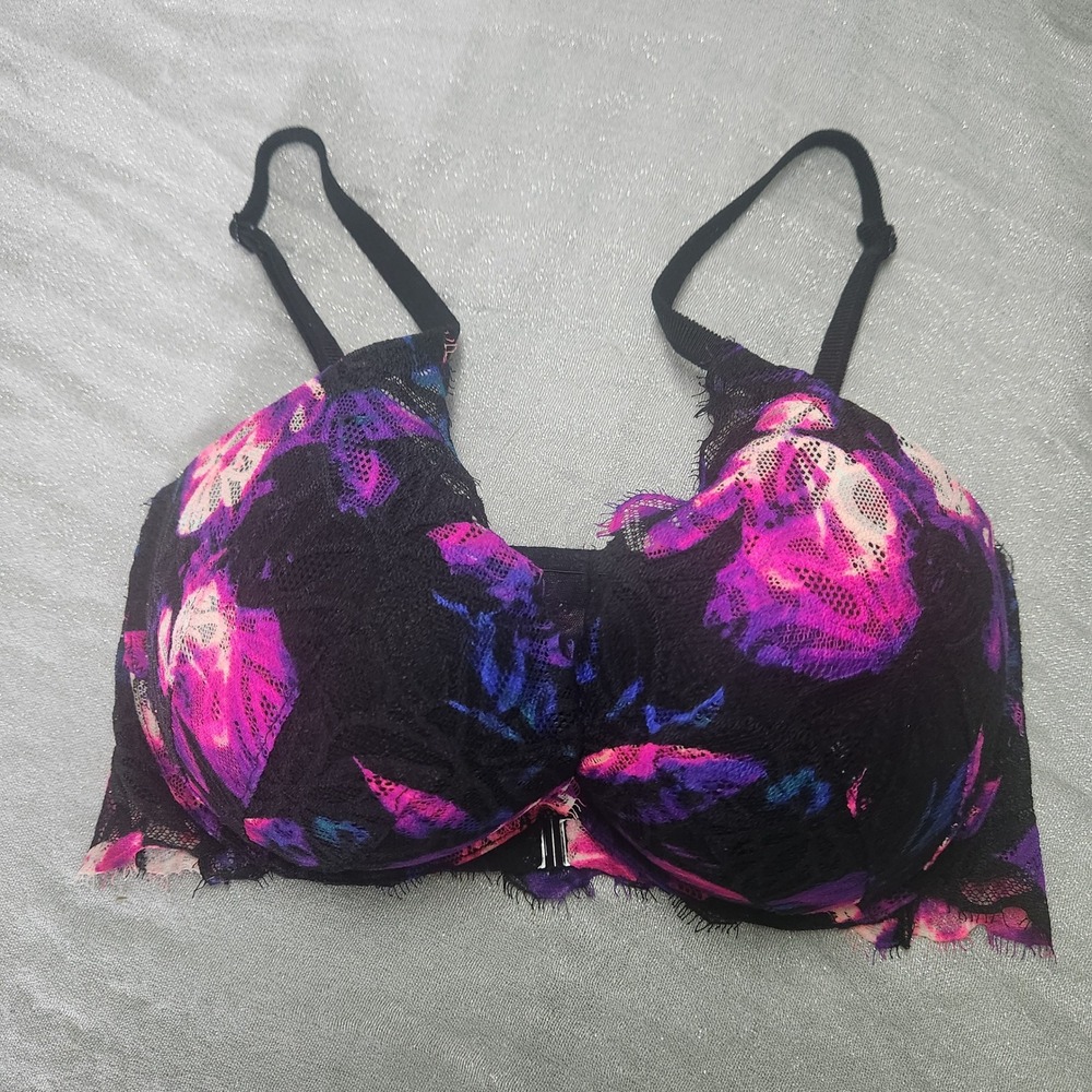 Victorias Secret PINK Front Close Push Up Bra 32DD Black Purple Pink Floral Lace